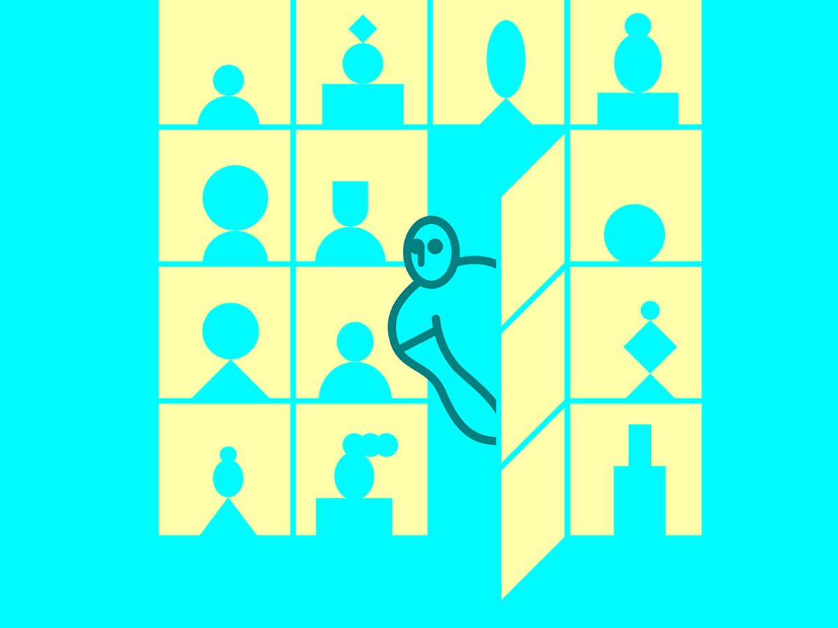Illustration of person looking out the opened door of a zoom grid screen.