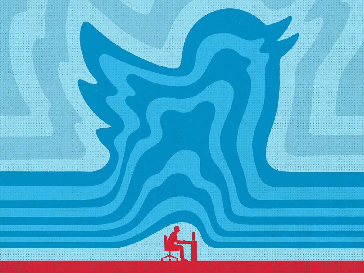 illustration of person working at desk with twitter logo behind.