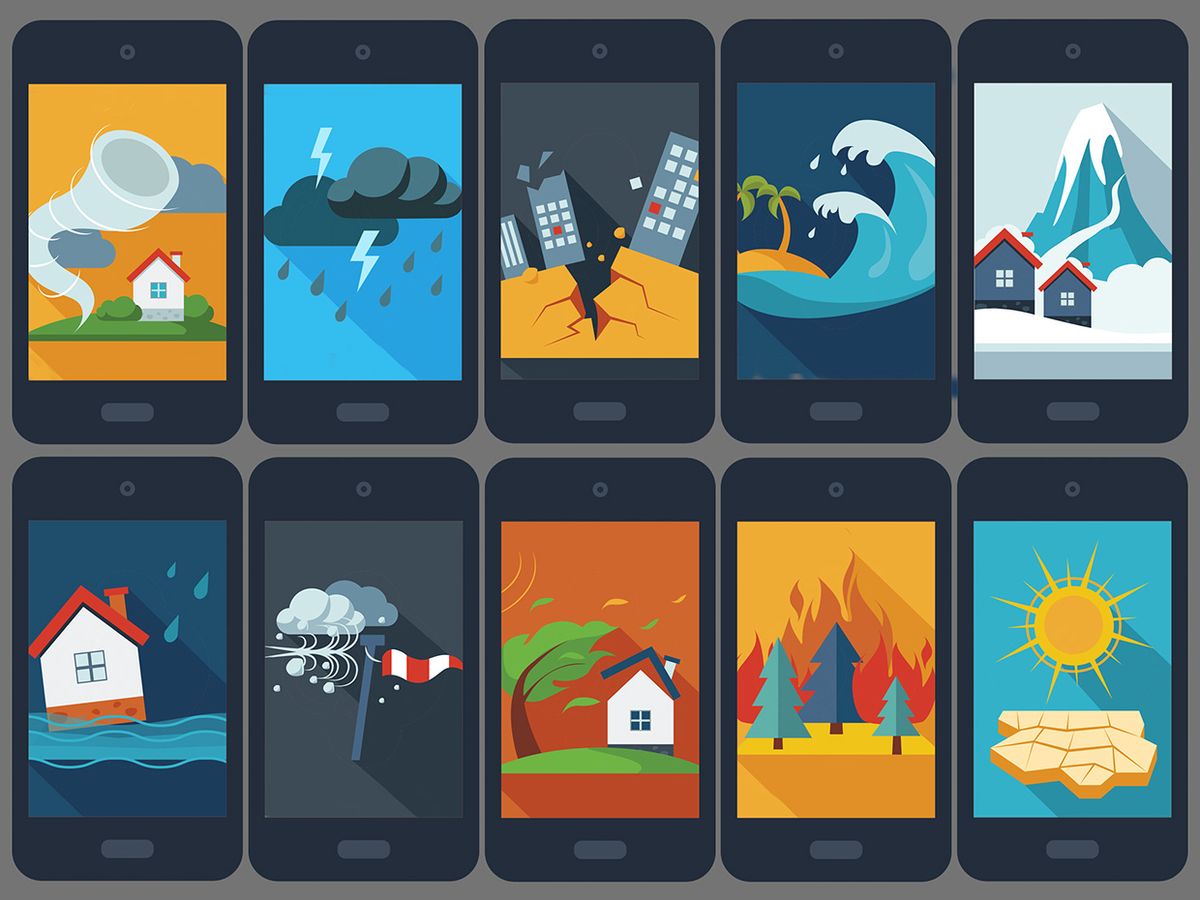 Illustration of phones with scenarios from natural disasters.