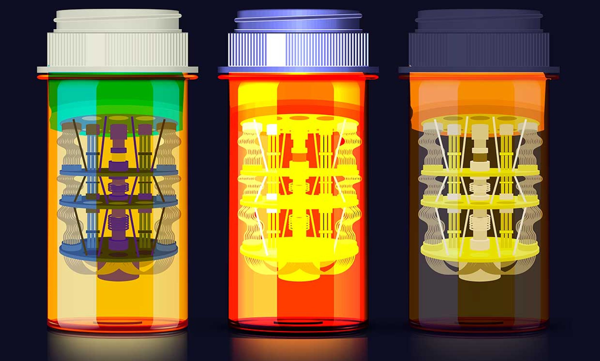 Illustration of pill bottles with quantum computer technology inside