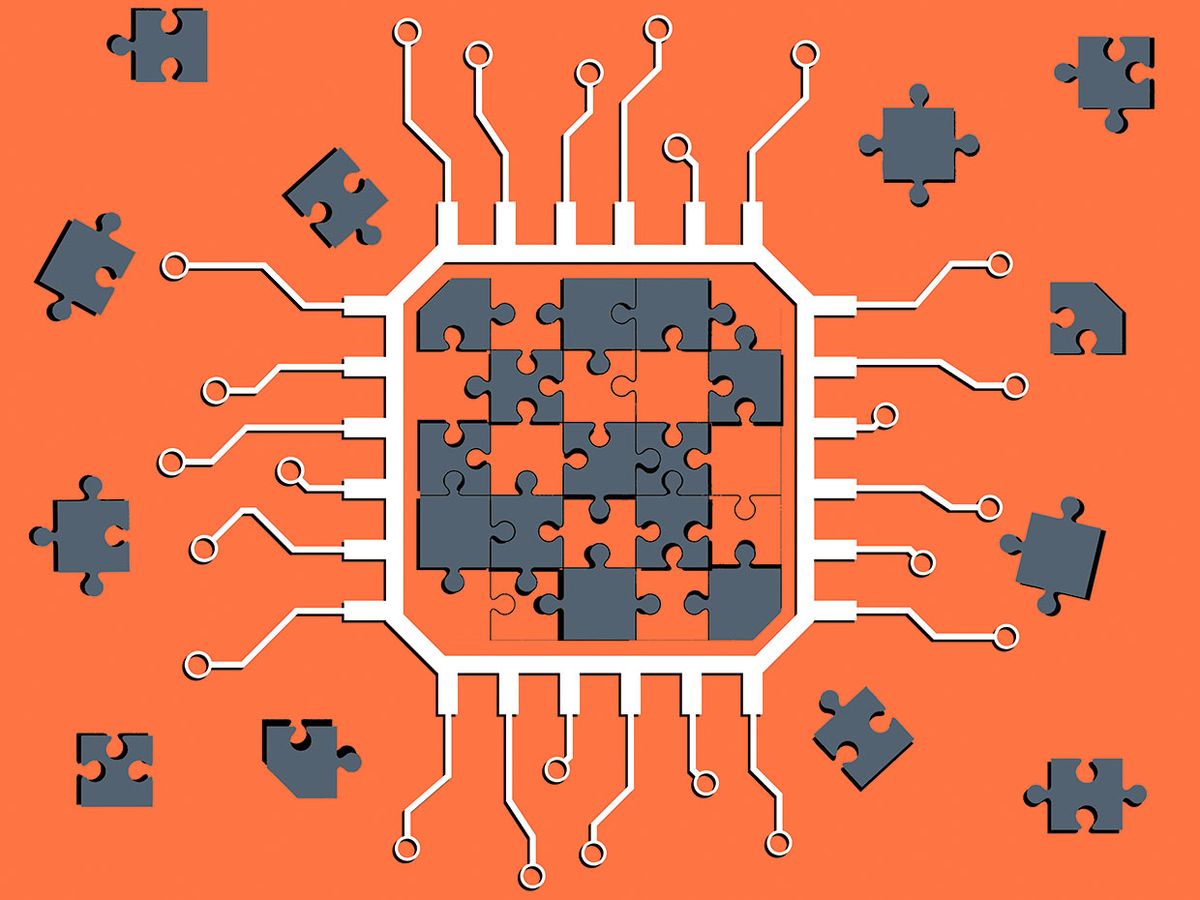 Illustration of puzzle pieces forming a chip