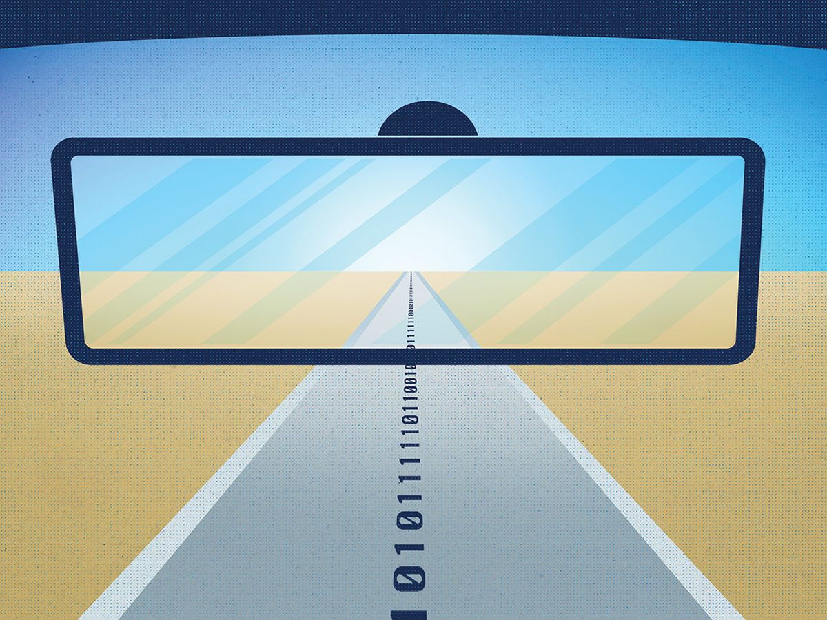 Illustration of rear-view mirror on roadway.