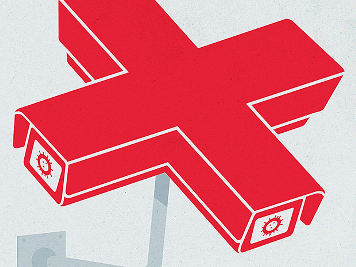 Illustration of red cross-shaped security camera.
