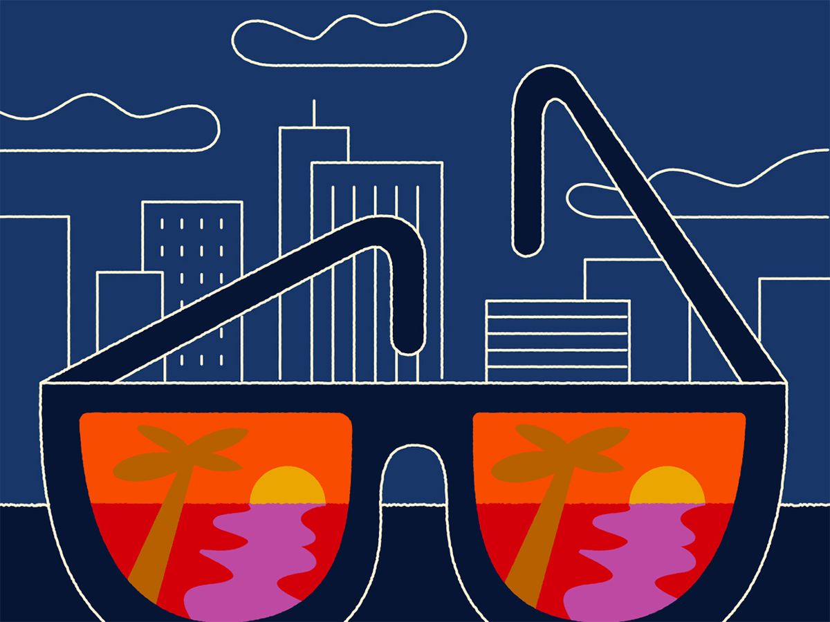 Illustration of reflection in sunglasses with city in background.