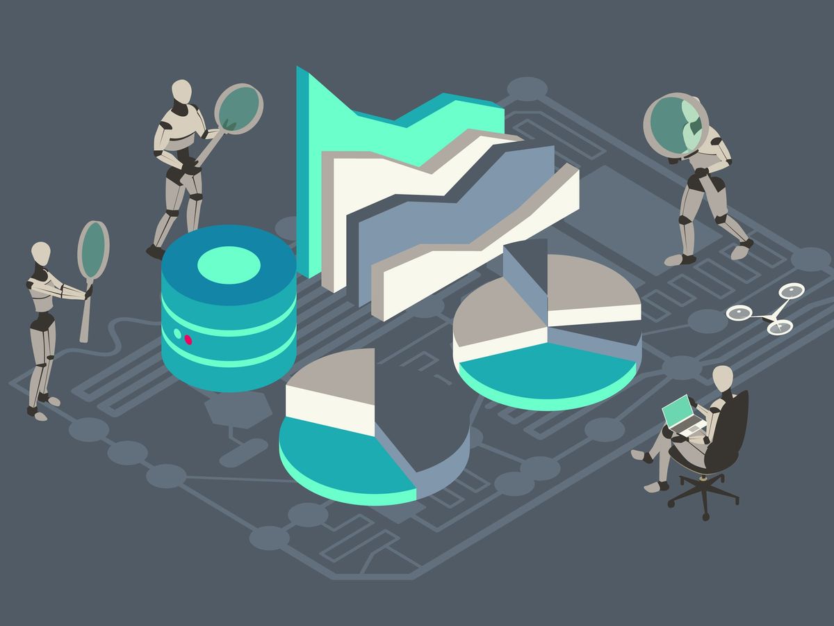 illustration of robots standing and sitting looking at pie charts and graph charts on a dark gray background