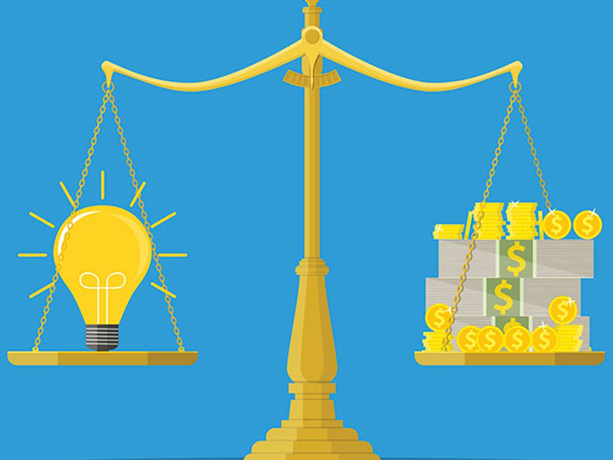 illustration of scale with light bulb balanced against dollar signs