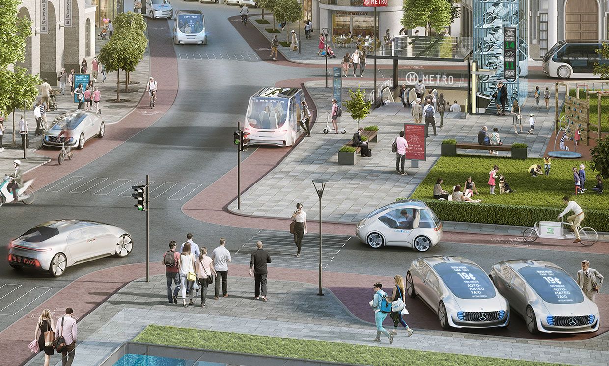 Illustration of self driving cars in a city