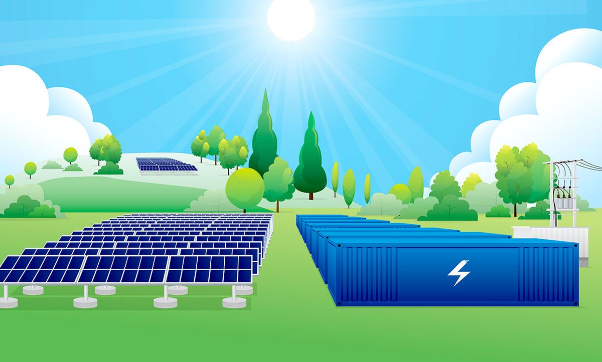 Illustration of solar panels and energy storage in a rural environment.