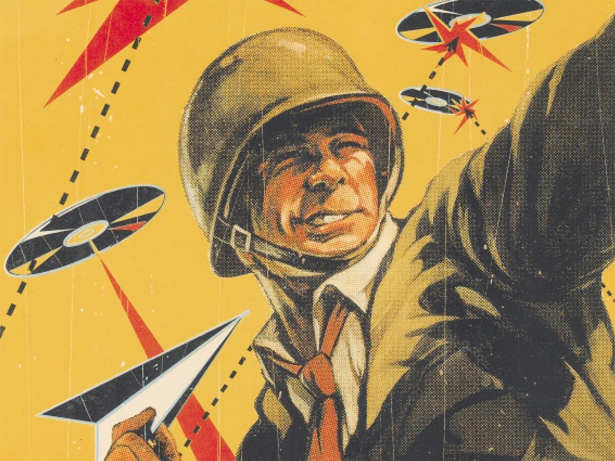 illustration of soldier throwing paper planes amid flying CD discs.