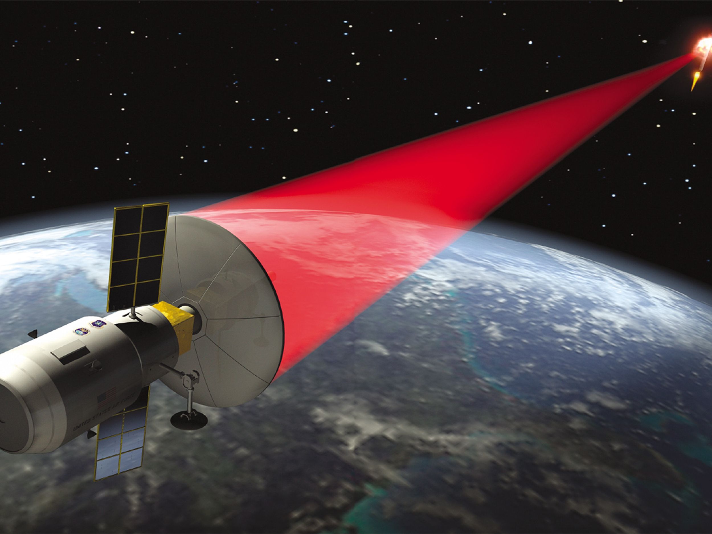 Illustration of space-based lasers destroying targets