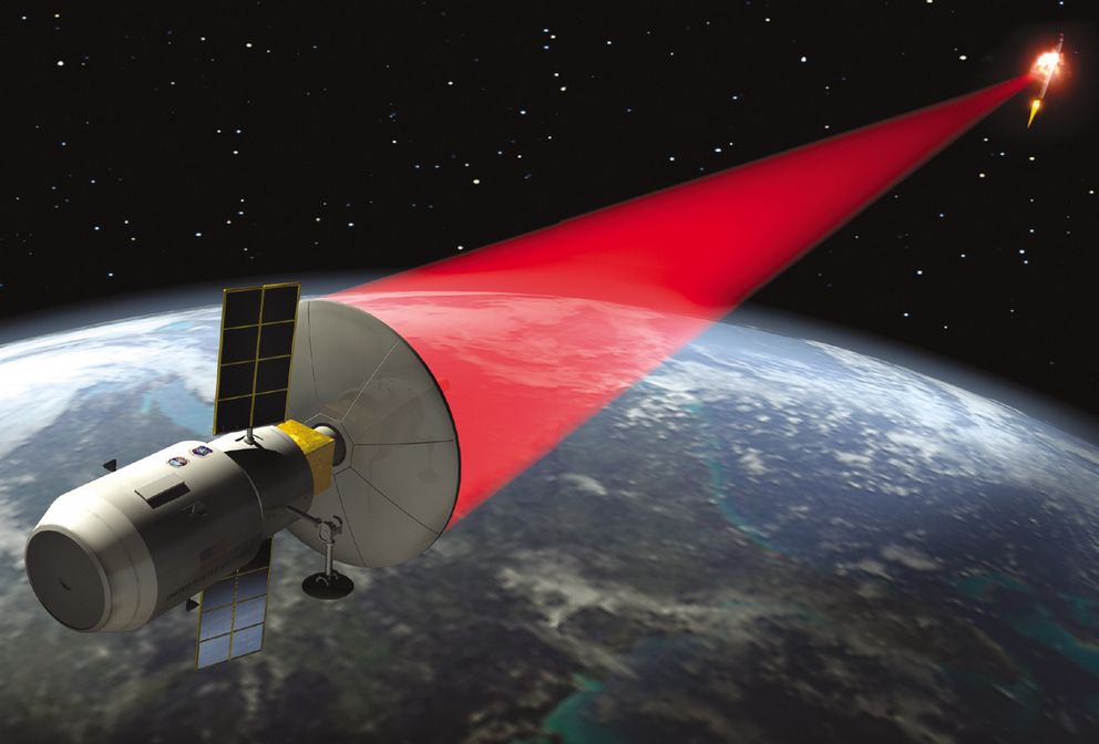 Illustration of space-based lasers destroying targets 
