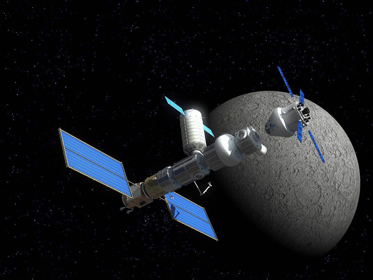 Illustration of space vehicle orbiting the moon.