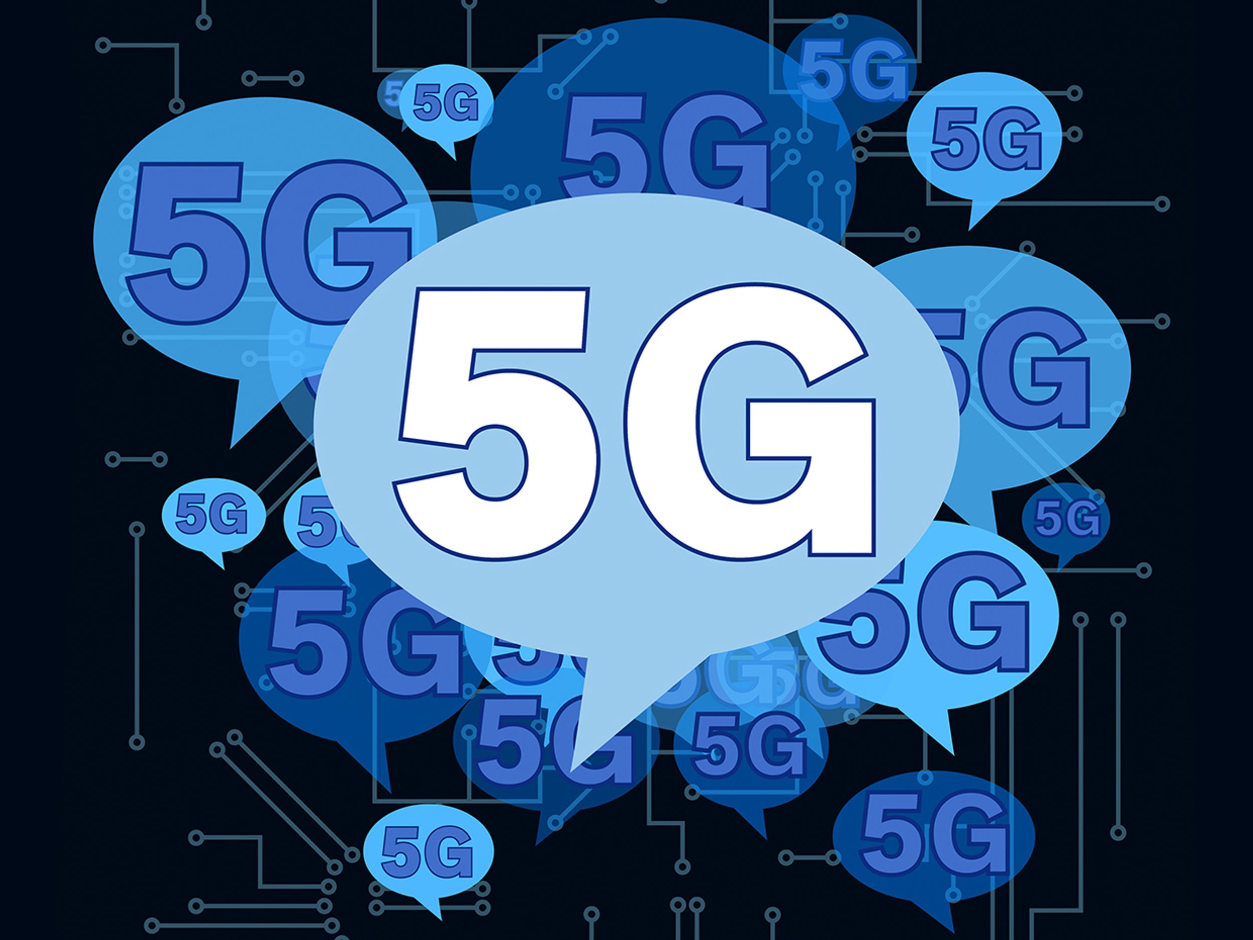 Illustration of speech bubbles, all talking about 5G