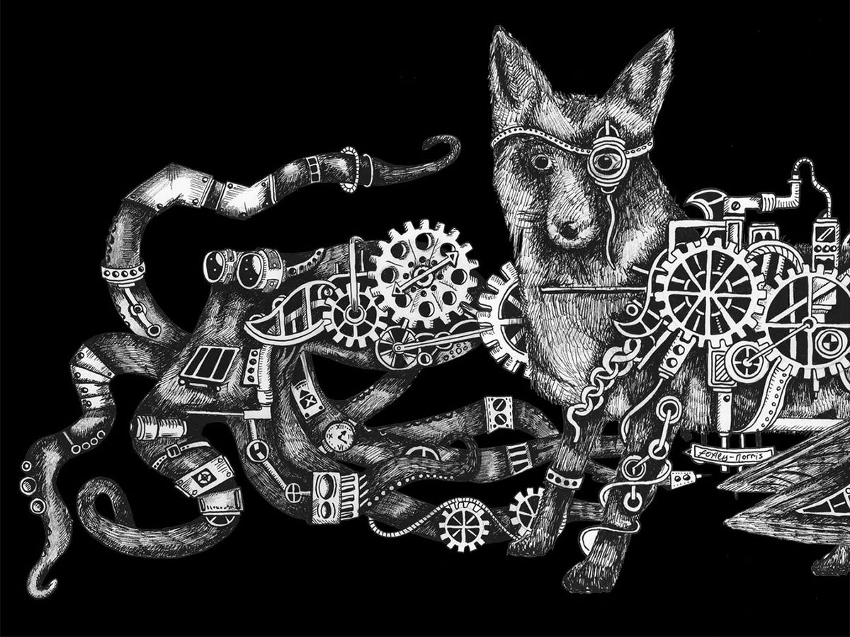Illustration of steampunk animals with gears and intelligent appearances.