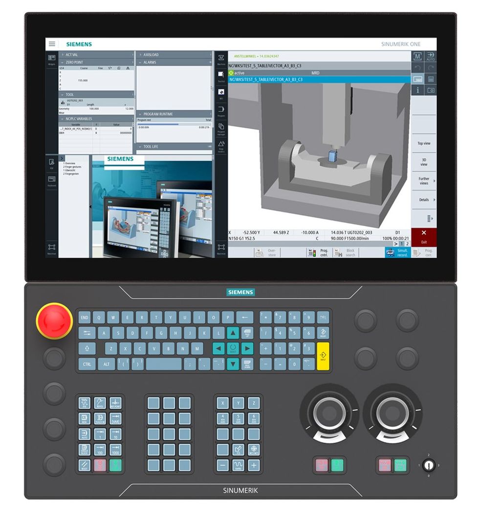Illustration of the CNC controller SINUMERIK ONE by Siemens, a laptop-like device with a screen, keyboard, and control buttons.