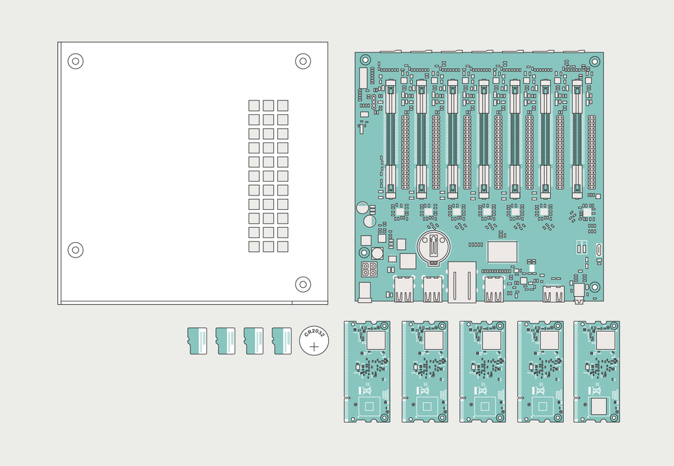 Illustration of the components: a supporting base, the Turing Pi motherboard, 1 computer module with an onboard storage chip, 4 compute modules without a storage chip, 4 SD cards, and a CR2022 coin cell battery.