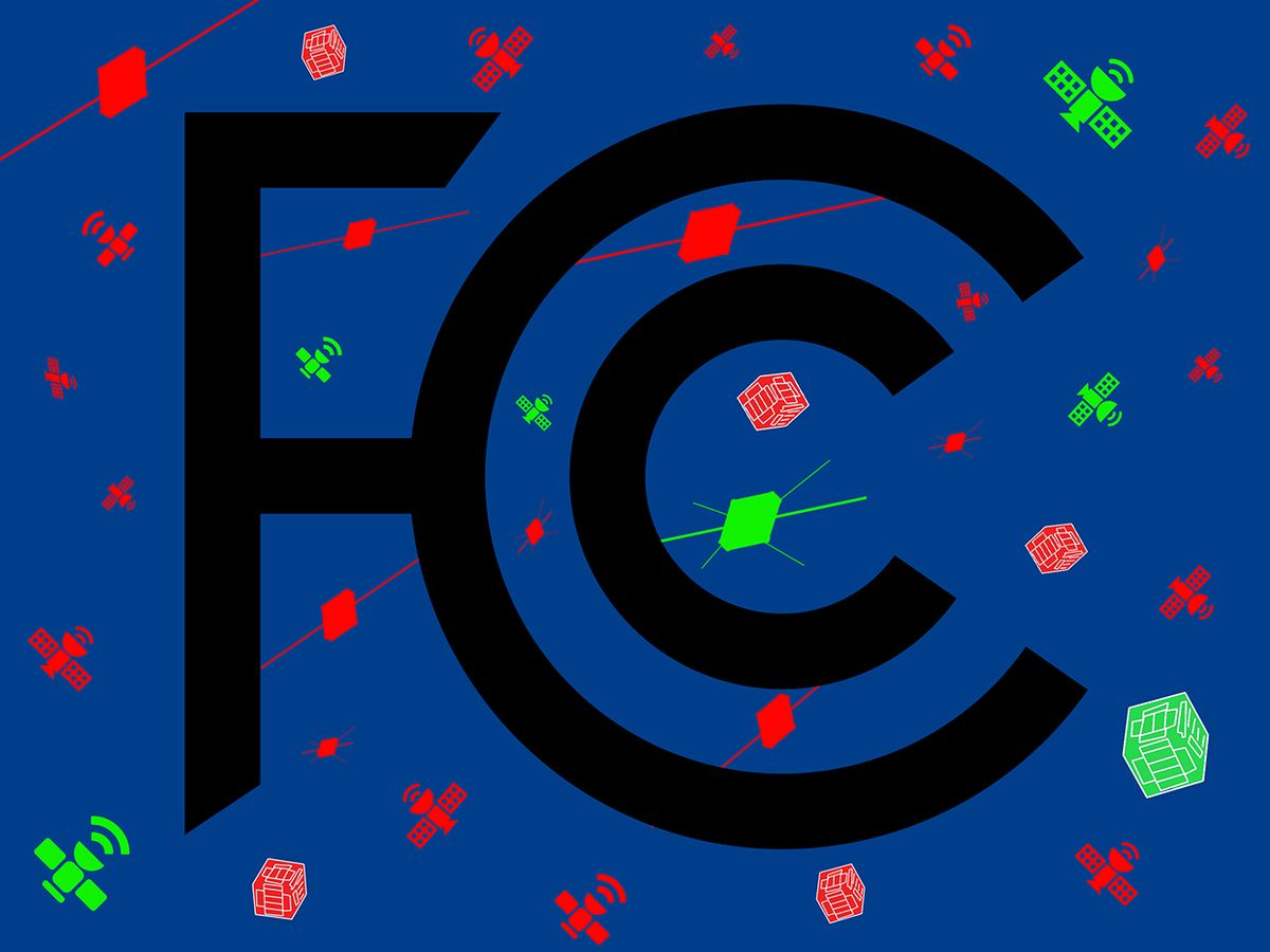 Illustration of the FCC logo surrounded by small satellites, mostly red with a few green.