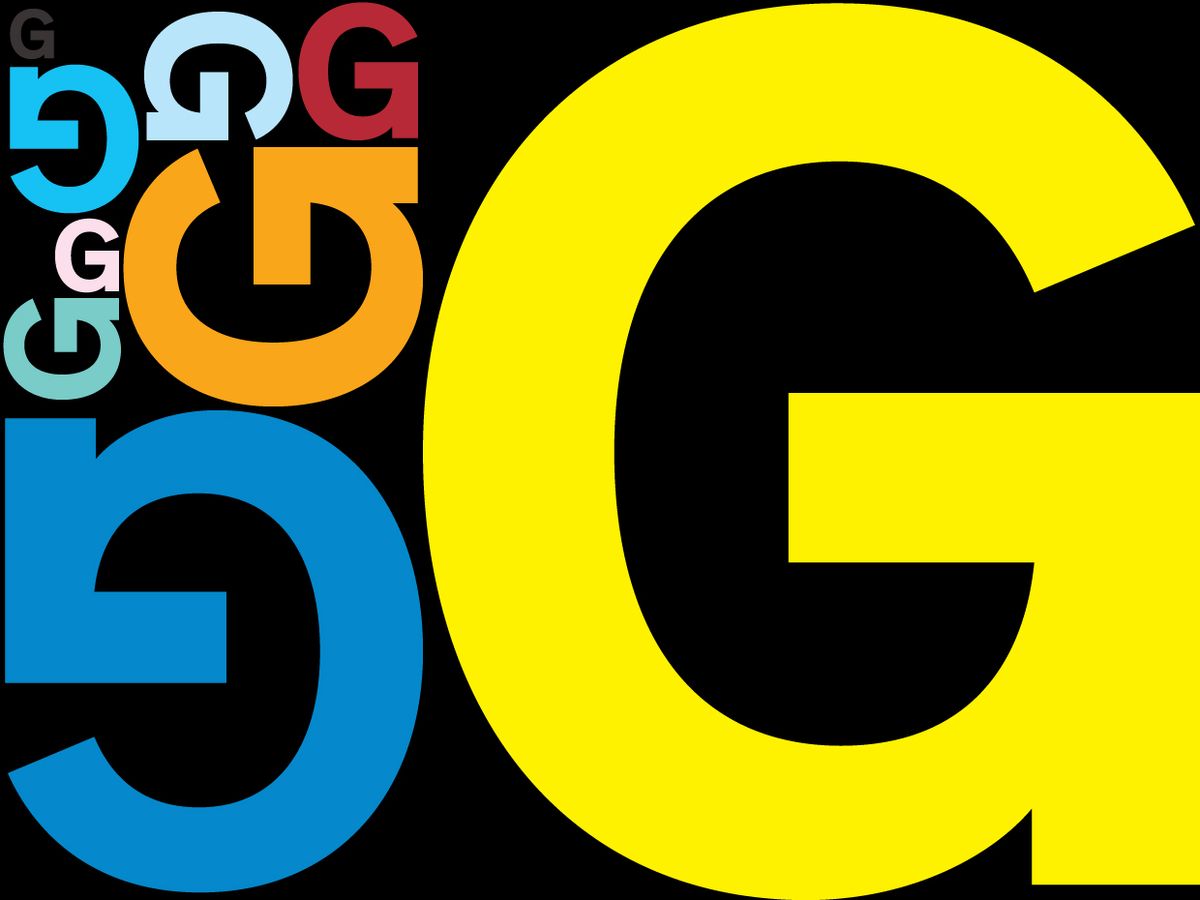 Illustration of the letter G in many sizes and colors