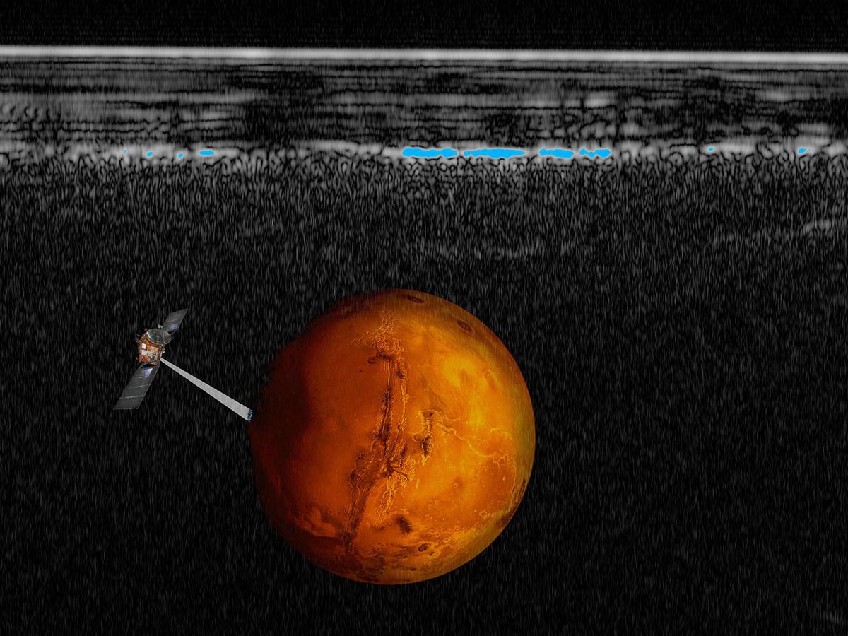 Illustration of the Mars Express spacecraft superimposed on a radar cross section of the southern polar layered deposits of Mars.