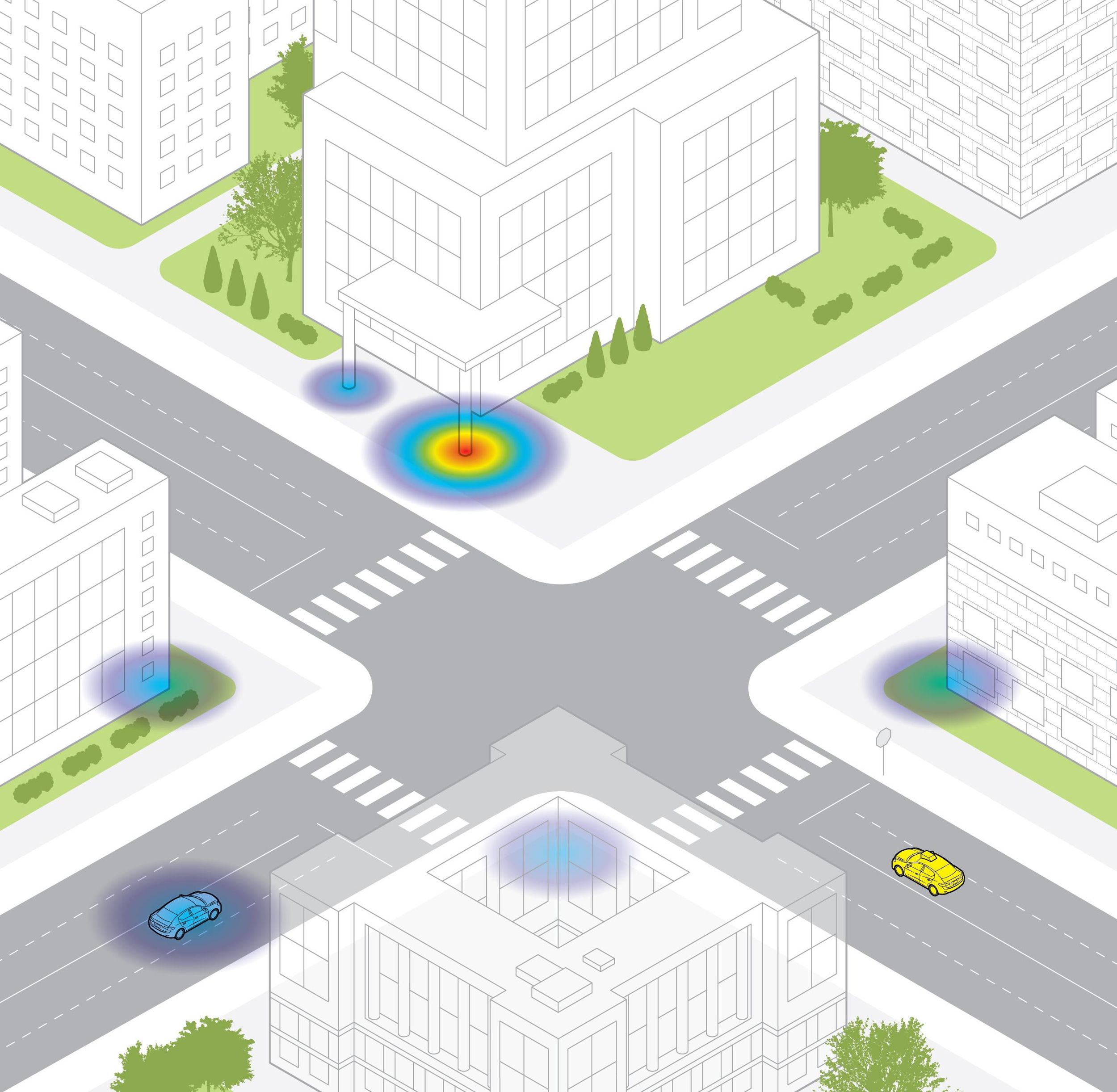 Illustration of the modeling of a autonomous vehicle within a urban city intersection.