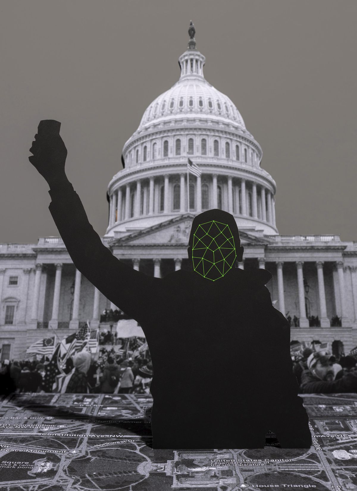 Illustration of the silhouette of a person with upraised arm holding a cellphone in front of the U.S. Capitol building. Superimposed on the head is a green matrix, which represents data points used for facial recognition 