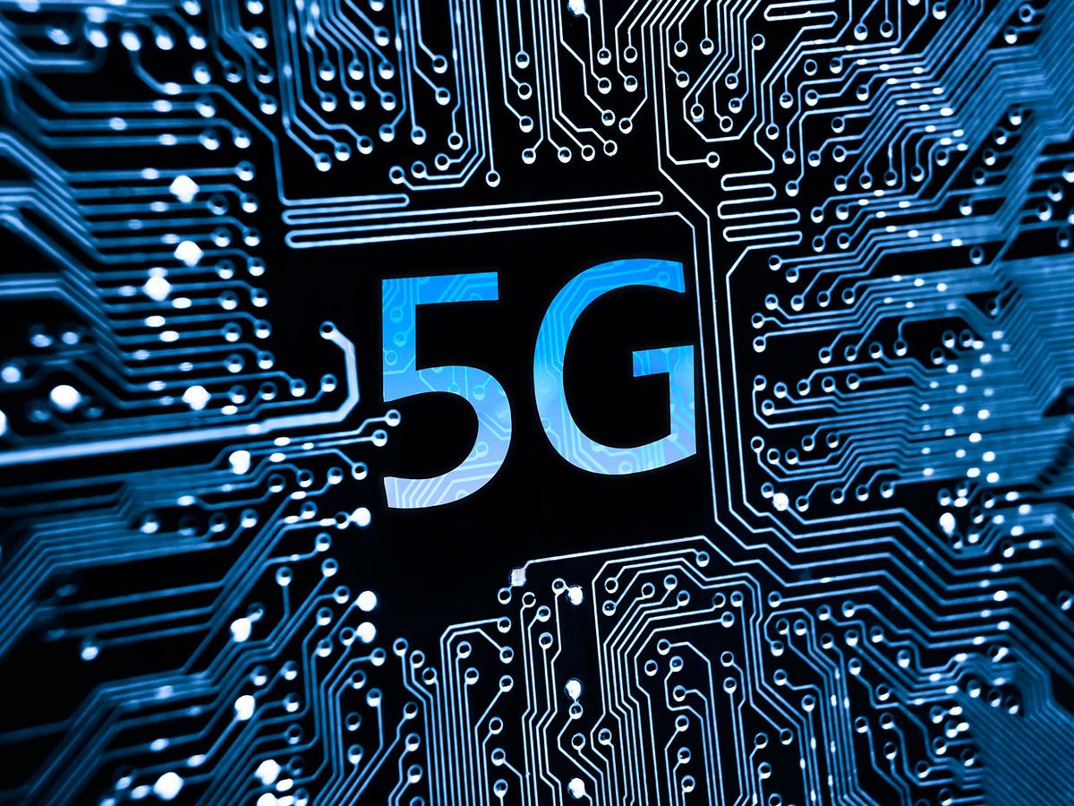 Illustration of the word 5G amidst circuit board visual.