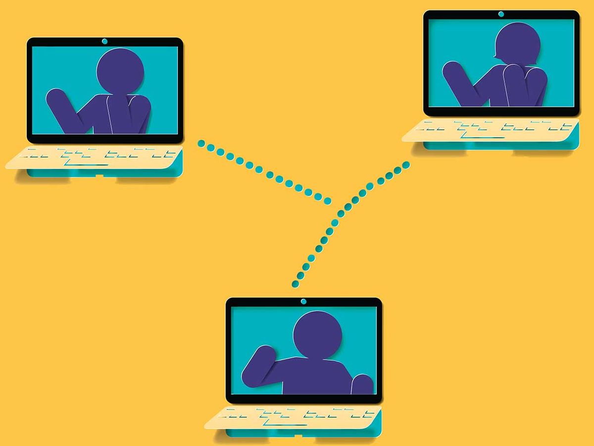 Illustration of three people on laptops communicating