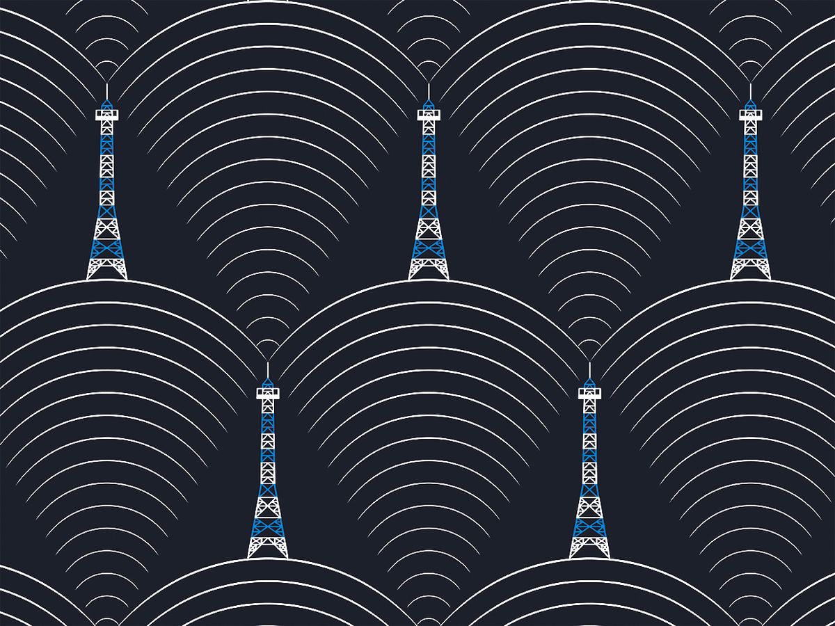 Illustration of towers and connectivity signals.