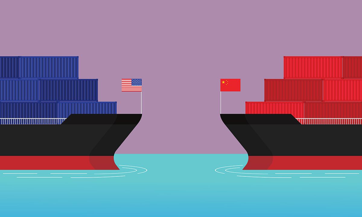 Illustration of two cargo ships facing each other, one with a US flag, and one with a China flag