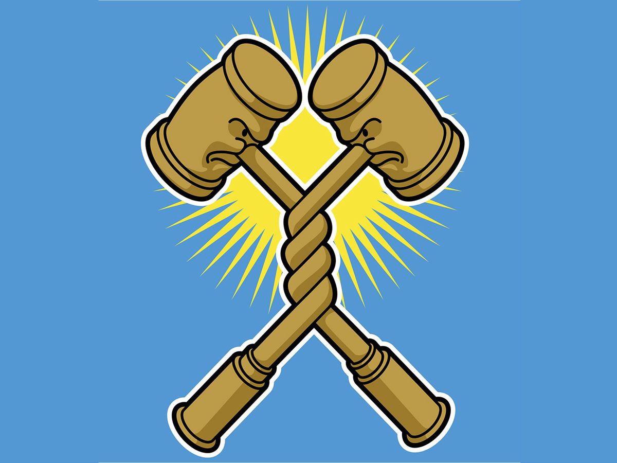 Illustration of two gavels intertwined.