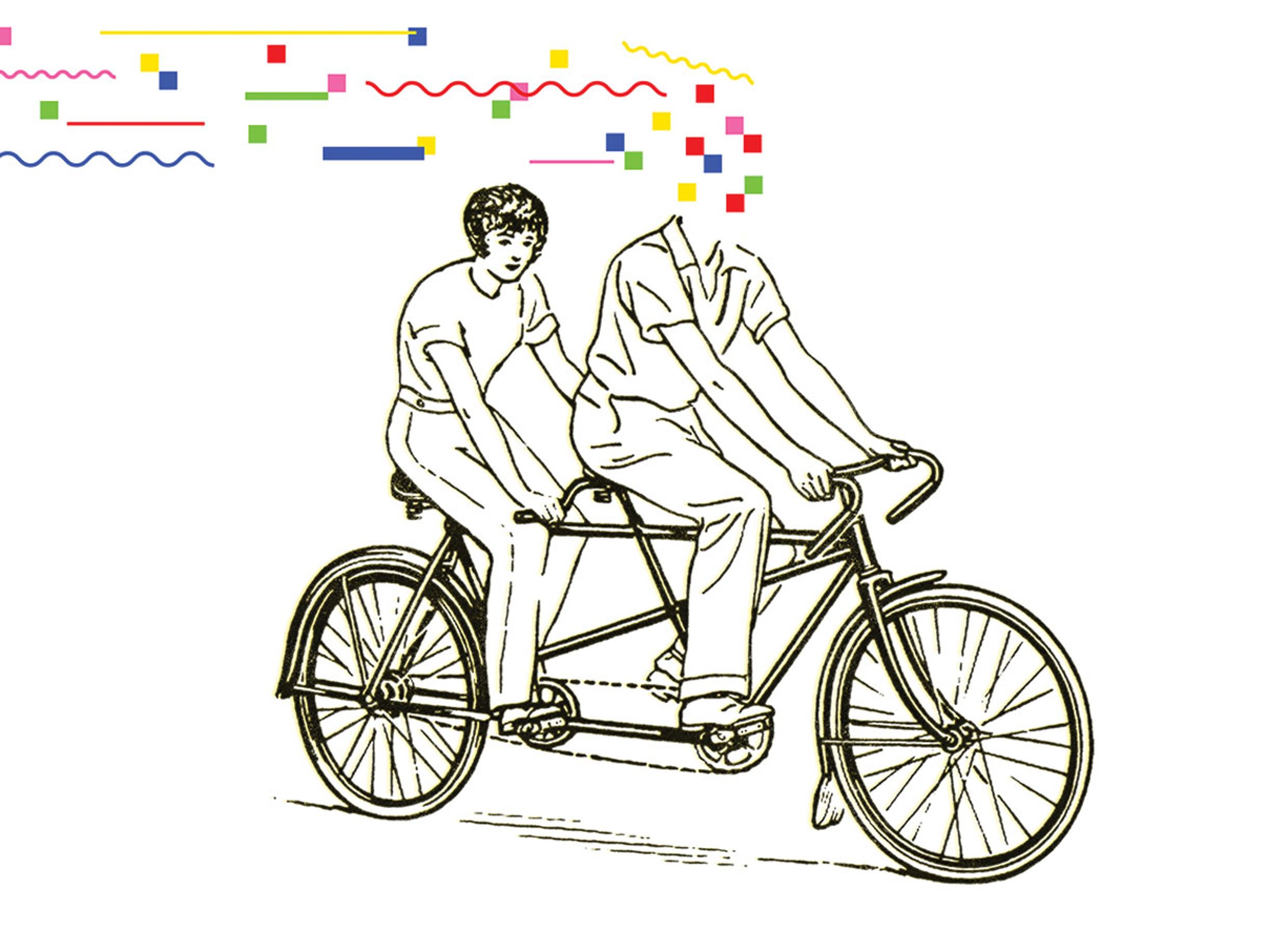 Illustration of two people on a bicycle with the front head covered in squares of colors.  