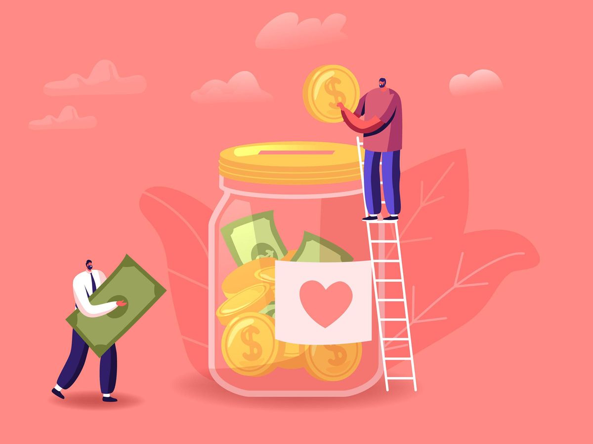  illustration of two people putting money into a jar with a heart on it