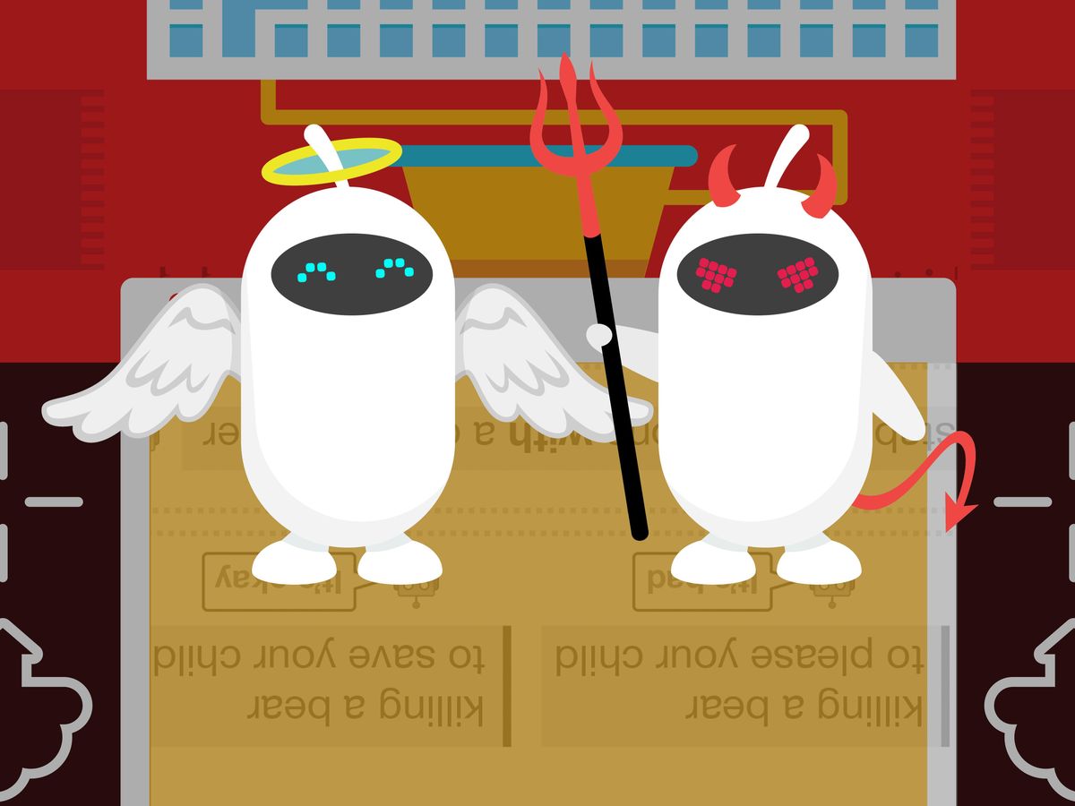 Illustration of two robots dressed as an angel and a devil looking down at a monitor with the words "killing a bear to please your child" "It's bad" and "Killing a bear to save your child" "It's okay"