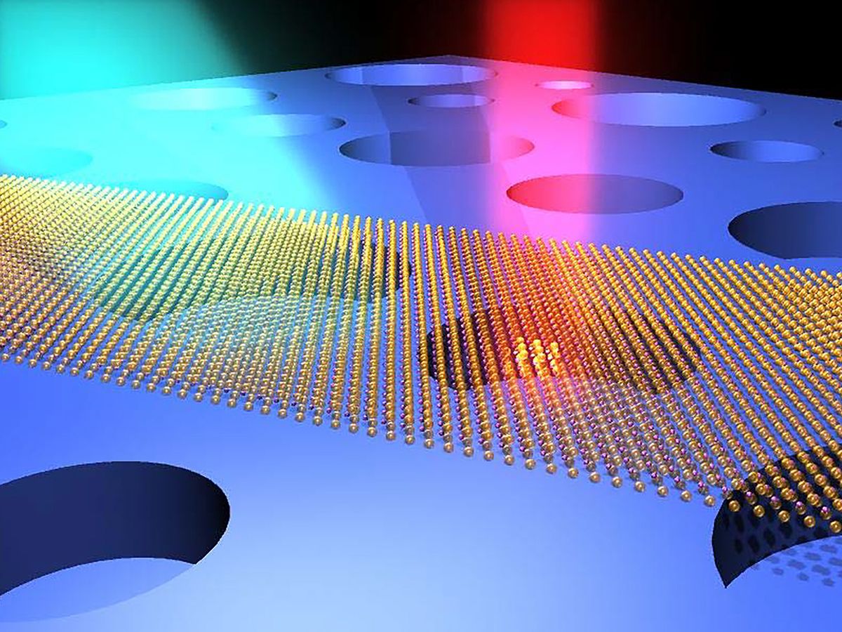 Illustration of ultrasensitive optical interrogation of the motions of drumhead-structured MoS2 resonators.