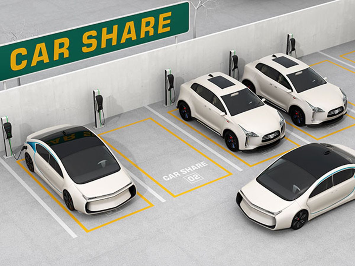 illustration of white self-driving cars in a parking lot