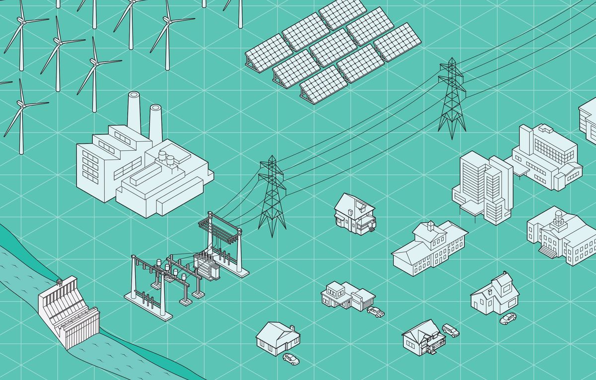 Illustration of wind turbines, solar panels, electricity pylons and substation, and buildings. 