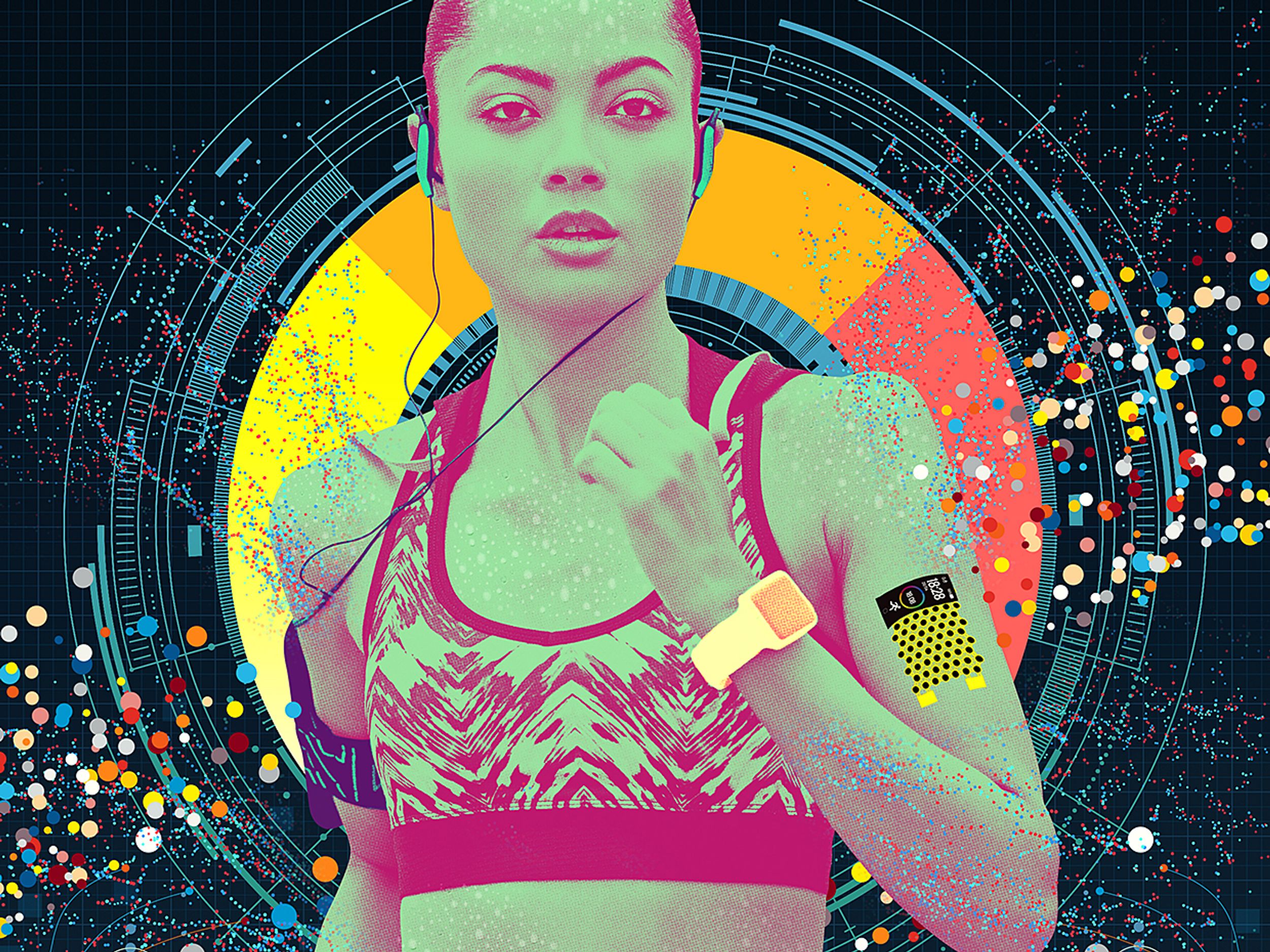 Illustration of woman jogging while wearing wearable devices.