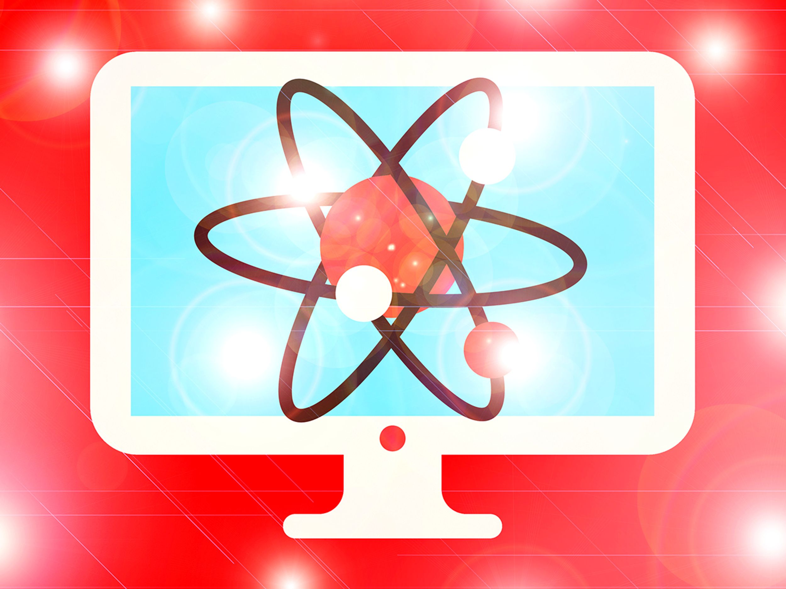 Illustration on a red background of a white and blue computer screen with an atomic symbol glowing on it.