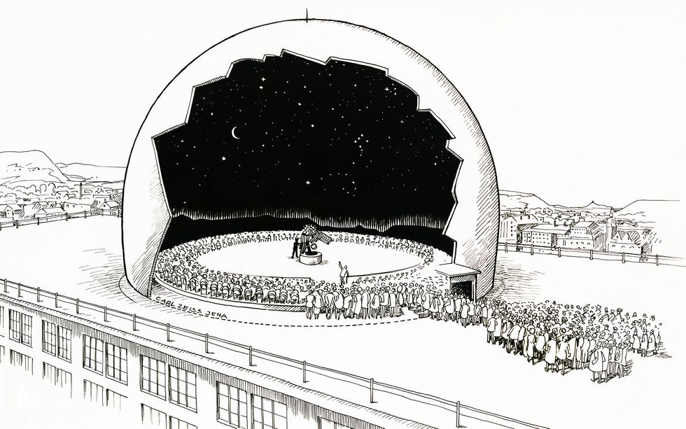 Illustration showing a cutaway of a planetarium dome with a crowd of people waiting to enter.