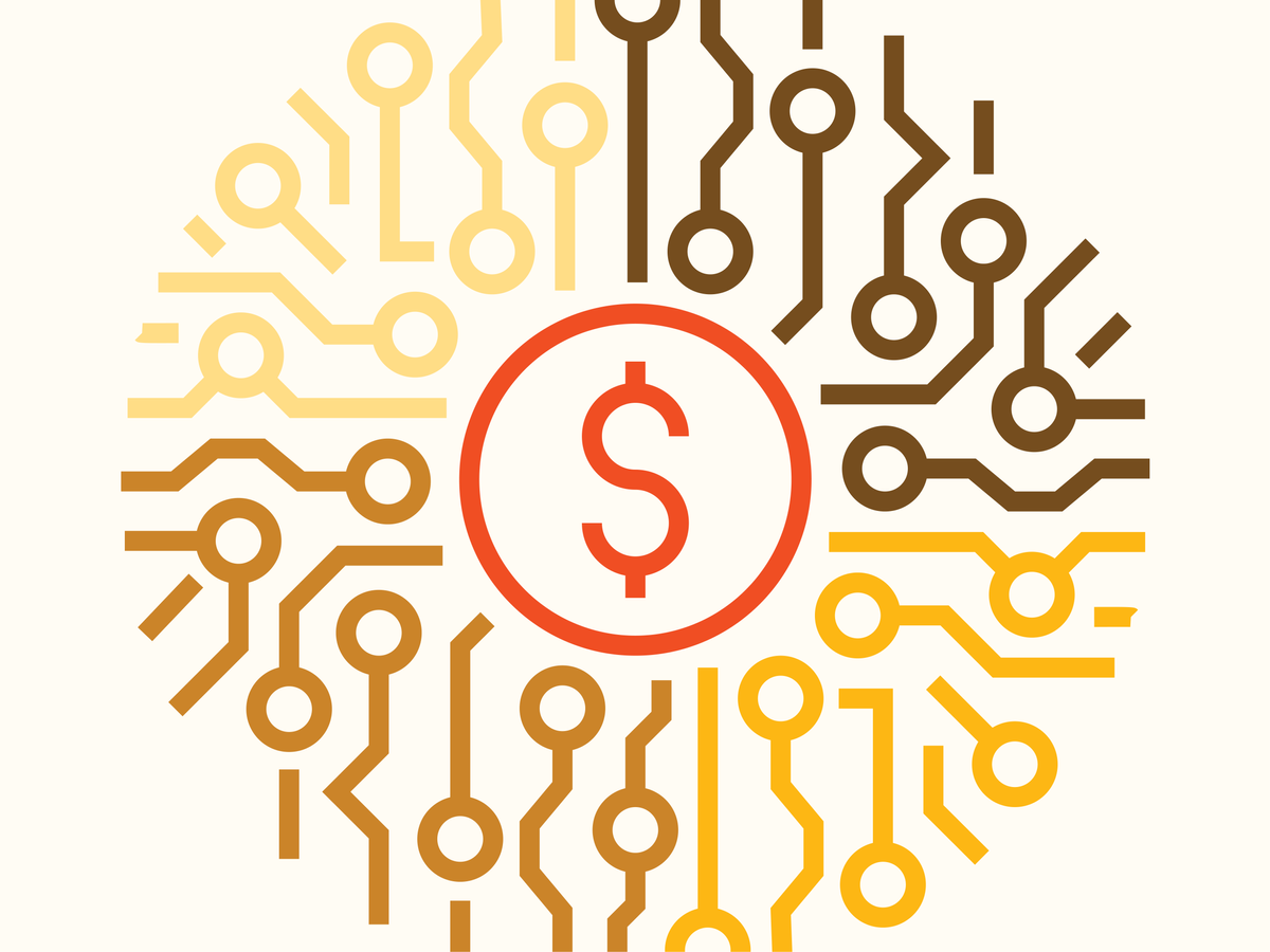 Illustration showing a dollar symbol surrounded by circuitboard lines.