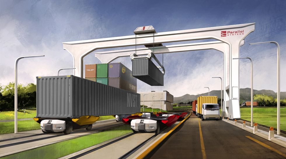 Illustration showing a small freight terminal transferring freight containers from Parallel Systems vehicles onto trucks