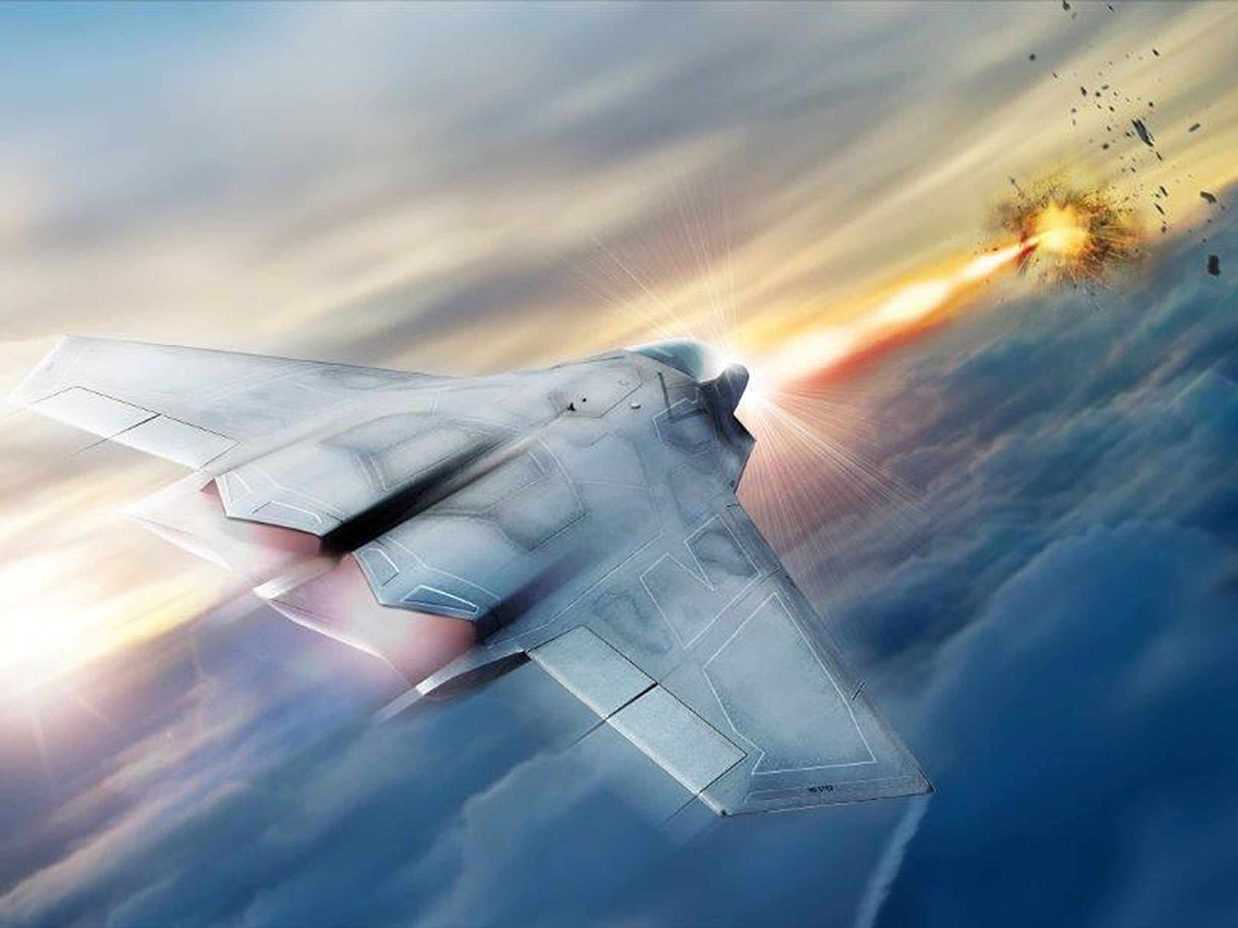 Illustration showing a tactical fighter jet with a high energy laser weapon system blasting something in the distance.
