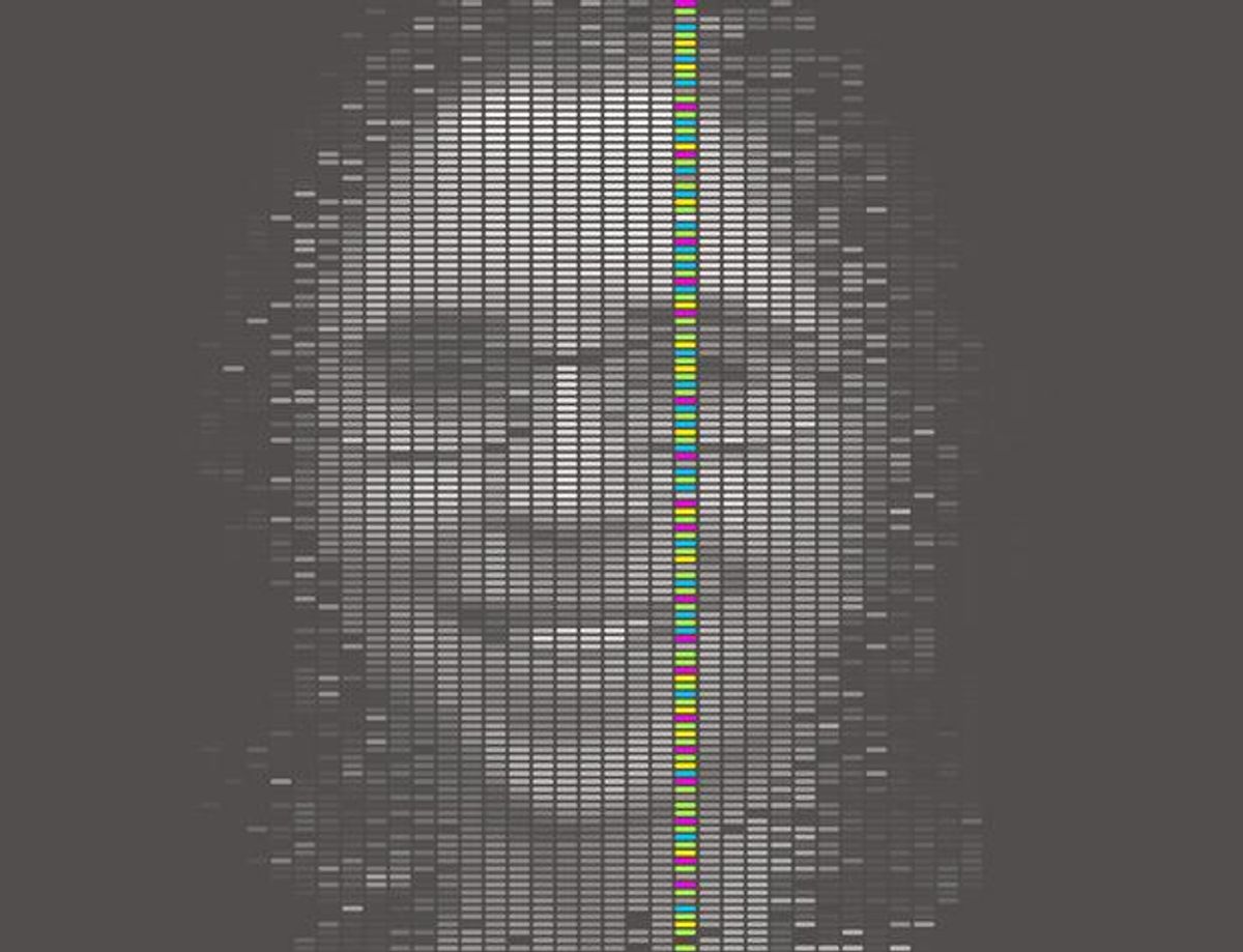 Illustration showing a woman's face composed by genetic code pixels