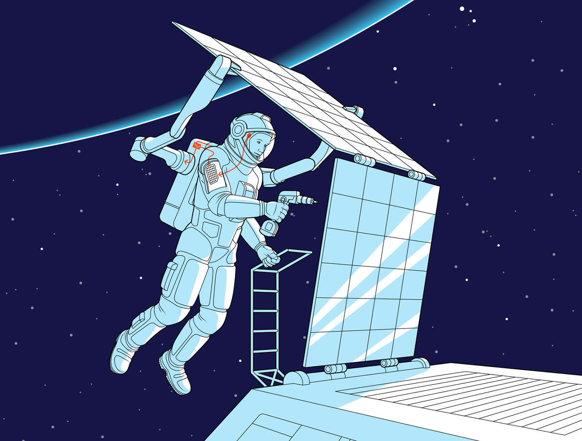 Illustration showing an astronaut performing mechanical repairs to a satellite uses two extra mechanical arms that project from a backpack.