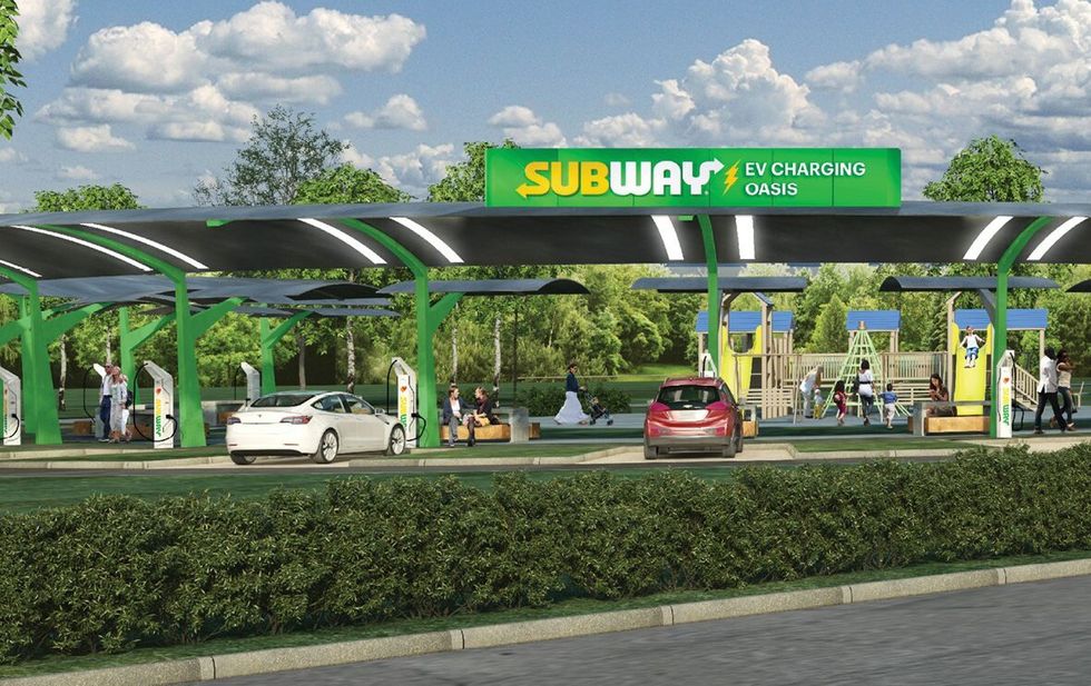 Illustration showing cars parked at a Subway charging station.