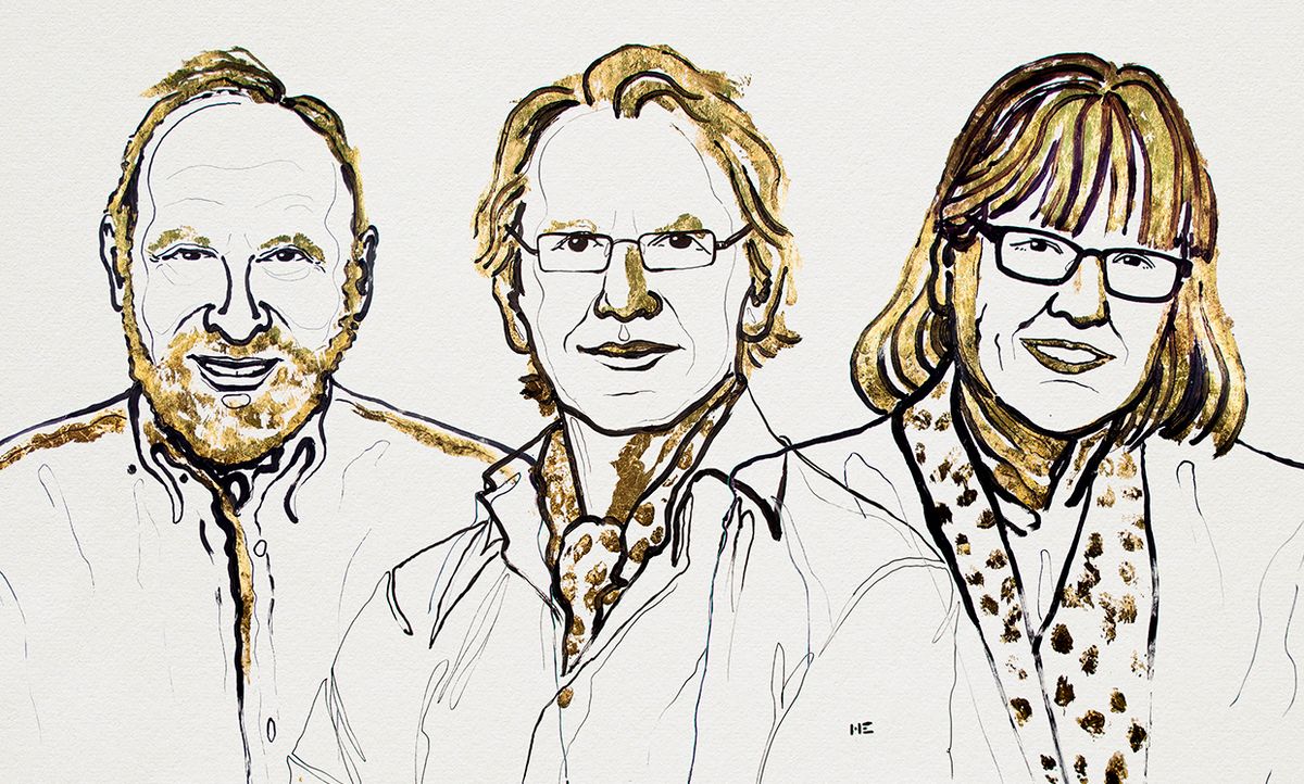 Illustration showing, from left, Arthur Ashkin, Gérard Mourou, Donna Strickland, winners of the 2018 Nobel Prize in Physics.