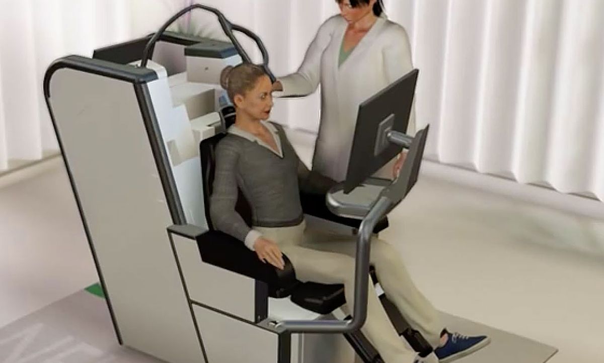 Illustration showing Neuronix's NeuroAD machine with a patient sitting in it, and a medical professional next to her.