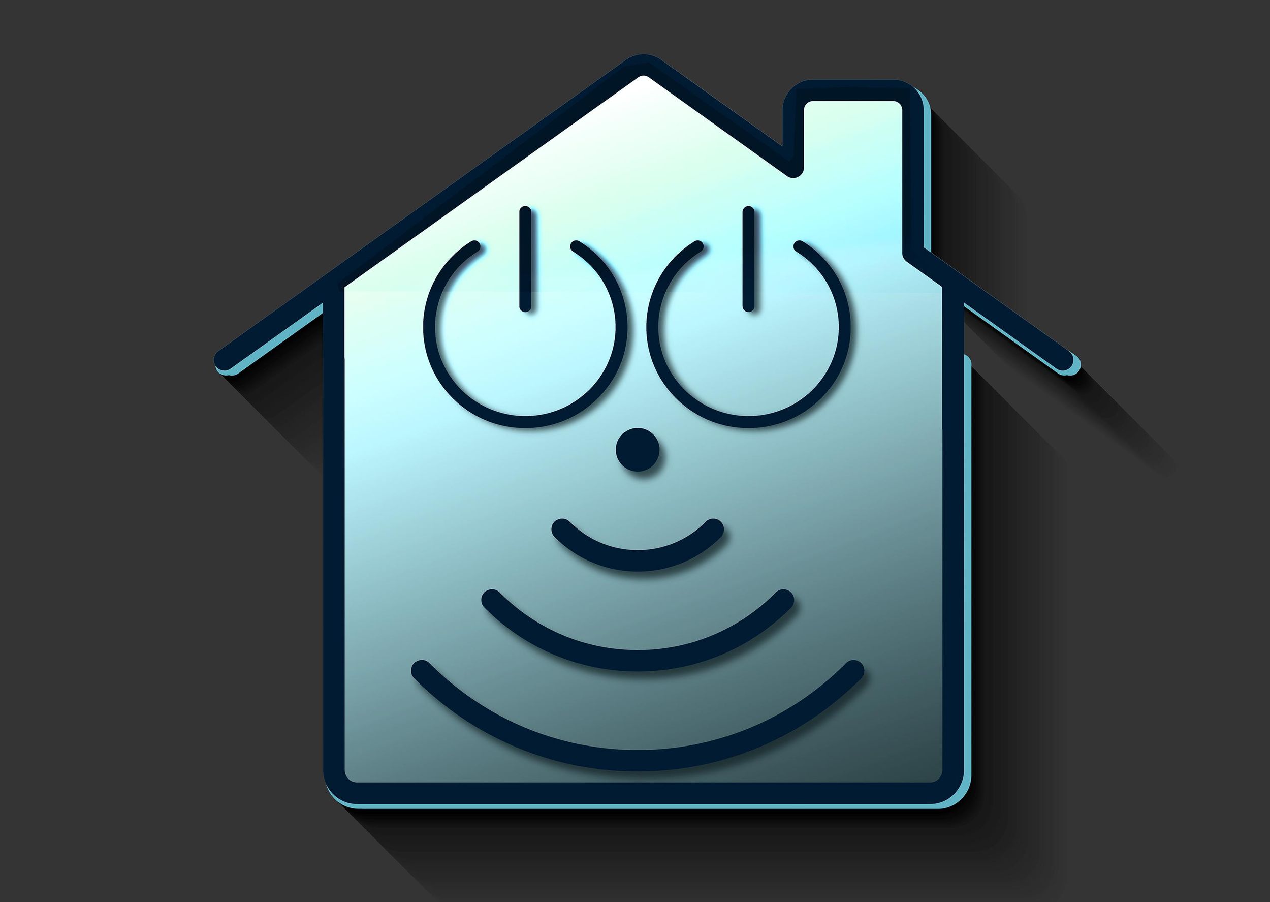 Illustration shows the shape of a house. On/off power symbols and a wifi signal icon form a smiling face