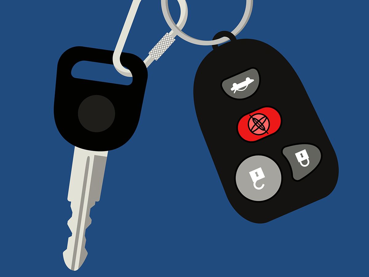 Illustration with a blue background, showing a car key and a keyless entry clicker, where one button has been replaced with a symbol indicating an accelerometer.