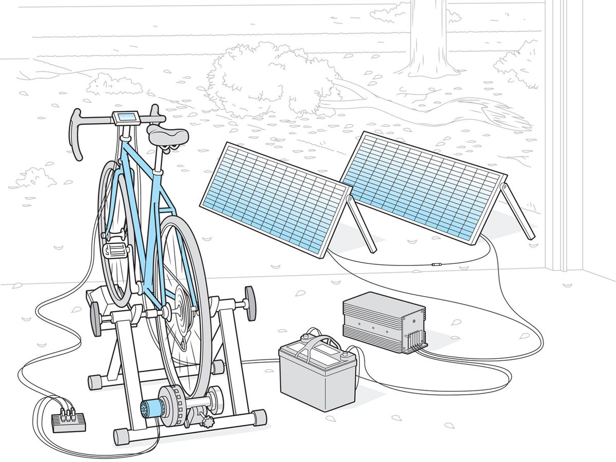 Image of a bicycle, solar panel, and battery set up.